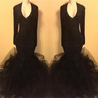 Black Sequins Long Sleeve Prom Dress  | V-neck Ruffles See Through Tulle Evening Gown BA8155_3