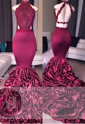 Mermaid Open Back Lace Evening Dress  High Neck Beadings Newest Prom Dress_2
