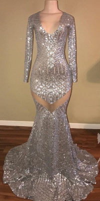Sexy Sequined Silver Prom Dresses | V-Neck Long Sleeveless  Evening Dresses FB0370_1