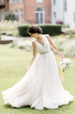 Latest V-Neck Chiffon Long Wedding Dress A-Line Elegant Spaghetti Strap  Bridal Gowns_3