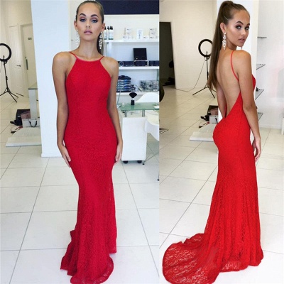 Sexy Red Sheath Backless Prom Dress  Simple Lace Evening Dresses_3