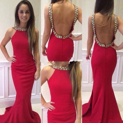 Red Sexy Mermaid Long Evening Dress Crystal Backless Sweep Train Special Occasion Dresses for Women_2