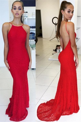 Sexy Red Sheath Backless Prom Dress  Simple Lace Evening Dresses_1