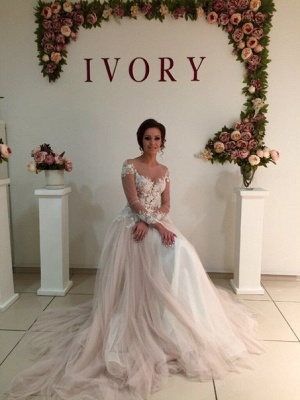 A-Line Long Sleeve Tulle Bridal Gowns Gorgeous Lace Applique Wedding Dresses_5