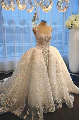 Luxurious Straps Overskirt Sleeveless Wedding Dresses  Appliques Ball Gown Bride Dress_1