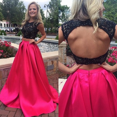 A-Line Halter Two Piece Prom Dress Black Lace Beading  Formal Occasion Dresses CE0164_1