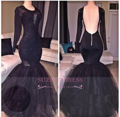 Tulle  Backless Appliques Elegant Long-Sleeves Mermaid Prom Dress_4