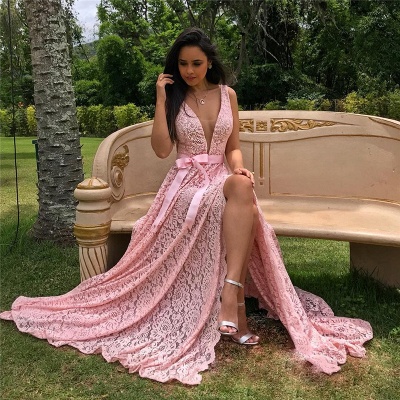 Pink Lace Evening Dresses   with Split | Sleeveless Sheer Tulle V-neck Formal Prom Dress with Bowknot_3