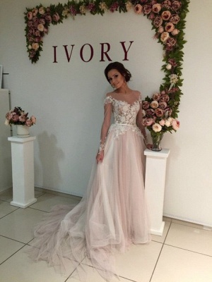 A-Line Long Sleeve Tulle Bridal Gowns Gorgeous Lace Applique Wedding Dresses_4