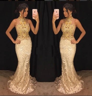 High Neck Sleeveless Champagne and Gold Lace Prom Dress  Sexy Mermaid Evening Gown FB0240-GA0_3