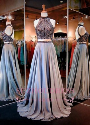 High-Neck Gorgeous A-line Crystals Two-Piece Evening Dress_2