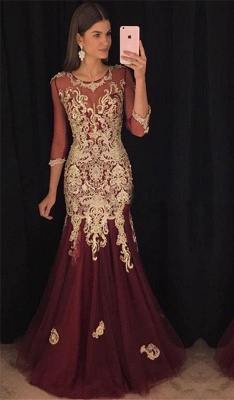 Long Sleeve Burgundy Tulle Evening Dress with Gold Lace Appliques Mermaid Prom Dress Sexy_1