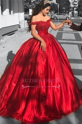 Red Off-the-Shoulder Ball-Gown Evening Dress | Appliques Floor Length Prom Dresses_3