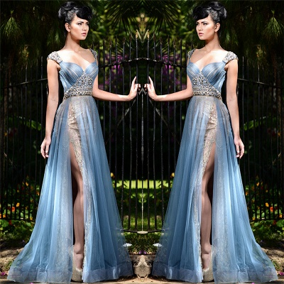 Elegant Blue Straps Long Evening Gowns |  Tulle Crystal Side Slit Evening Dresses_3