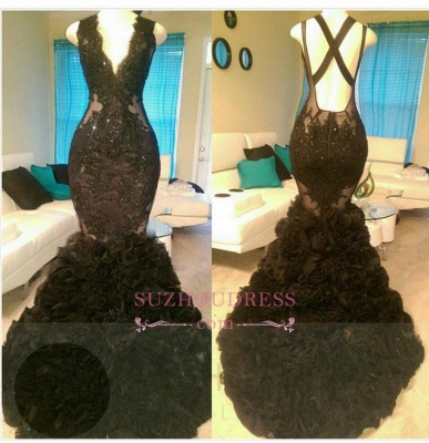 Appliques V-Neck  Tulle Glamorous Black Mermaid Open-Back Prom Dress_1