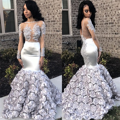 Silver Flowers Sexy See Through Prom Dresses  | Long Sleeve Beads Lace Mermaid Graduation Dress FB0371_4