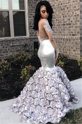Silver Flowers Sexy See Through Prom Dresses  | Long Sleeve Beads Lace Mermaid Graduation Dress FB0371_3