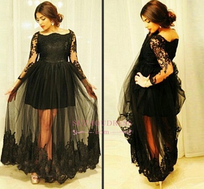 Gorgeous Black Floor-Length Lace Long-Sleeve Tulle Maternity Dresses_1