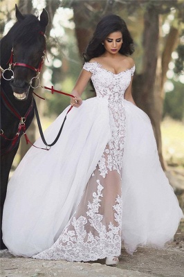 Off The Shoulder Sheer Lace Wedding Dresses  Puffy Tulle Overskirt Sleeveless Bridal Gowns BA6040_1
