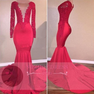 Mermaid Long Sleeve  Lace Appliques Red Sexy Prom Dress BA5300_1