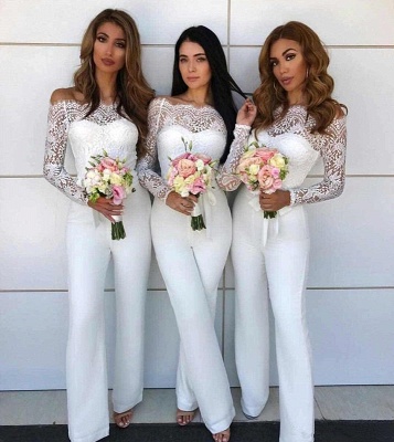 Off Shoulder Lace Jumpsuit Bridesmaid Dresses | Long Sleeves Sheath Wedding Party Pants_3