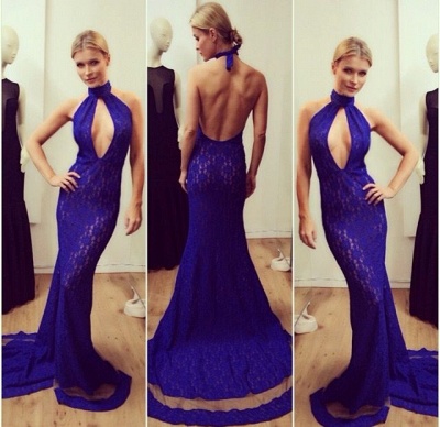 Mermaid Lace Halter Royral Blue Evening Dresses Sexy Backless  Popular Long Dresses for Women_2