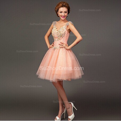 Pink Homecoming Dresses  Straps Sleeveless Short Ball Gown Sequins Beading Crystal  Cocktail Gowns_3