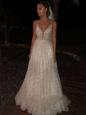 Stunning Spaghetti-Straps Long Lace Wedding Dresses A-Line Sequins Bridal Gowns Online_1