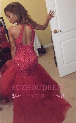 Mermaid Sparkly Beading Halter Sequined Tulle Sexy  Open-Back Sleeveless Prom Dress_5