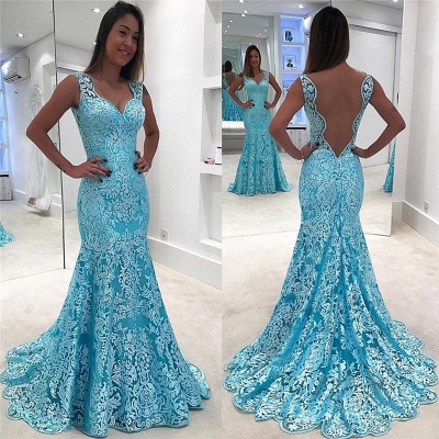 Mermaid Sleeveless Blue Lace Sexy Evening Dresses Open Back  Popular Prom Dress BA9052_3