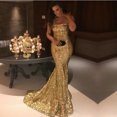Sparkle Gold Sequins Mermaid Evening Gowns  Sexy Strapless Prom Dresses  FB0164_3