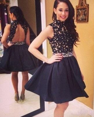 Black High Collar A-Line Mini  Party Dress Open Back Lace Short Homecoming Dresses_1
