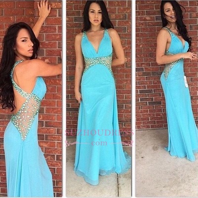 Blue V-Neck Long Evening Gowns  Sleeveless Crystal  Prom Dresses_1