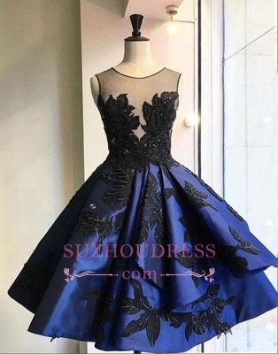 Dark-blue Applique Lace Homecoming Dresses  A-line Knee-length Evening Dress_5