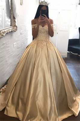 Off The Shoulder Champagne Gold Ball Gown Evening Dress Appliques  Quinceanera Dresses FB0212_1