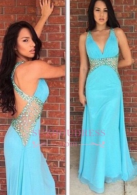 Blue V-Neck Long Evening Gowns  Sleeveless Crystal  Prom Dresses_3