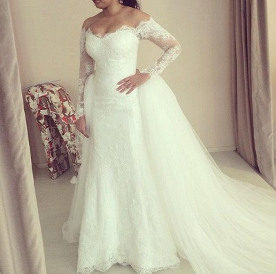 Off-the-shoulder Wedding Dress Long Sleeve Puffy Tulle Train Elegant Bridal Dresses_3