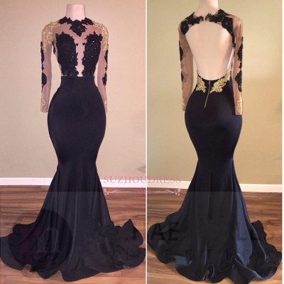 Black Mermaid Gold Lace-Appliques Sexy Long-Sleeve Prom Dress  PT0205_4