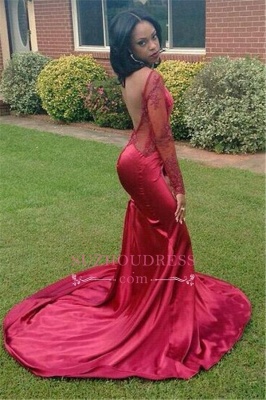Appliques New Mermaid Backless Evening Gowns Long Sleeves Red Sexy Prom Dress_1