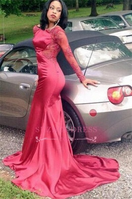 Appliques New Mermaid Backless Evening Gowns Long Sleeves Red Sexy Prom Dress_3