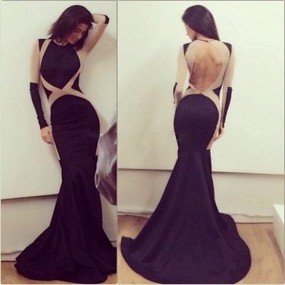 Sexy Mermaid Simple Long Sleeve Evening Dresses  Sweep Train Halter Open Back Special Occassion Dresses_2