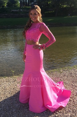 Cute Lace Two-Piece Prom Dress  Long-sleeve Mermaid Evening Gowns_2