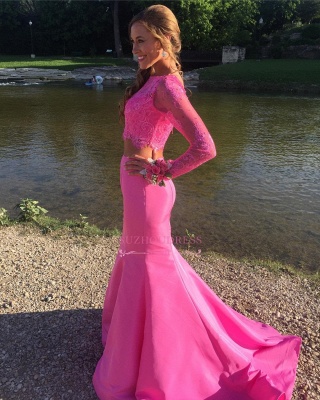 Cute Lace Two-Piece Prom Dress  Long-sleeve Mermaid Evening Gowns_1