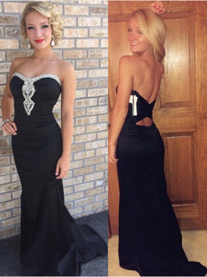 Strapless Black Mermaid Evening Dress Beaded  Prom Dresses with Open Back_3