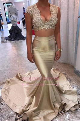 Two-Piece Champagne Gold Evening Dress  Appliques Lace Sleeveless Mermaid Sexy V-neck Prom Dress BA5571_1