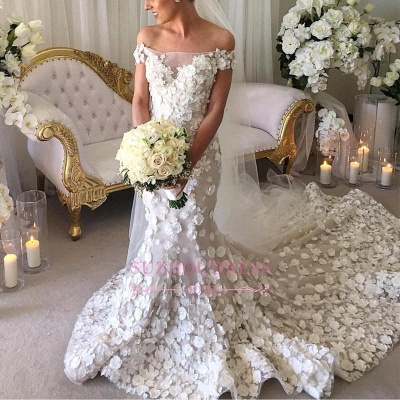Appliques Mermaid Wedding Dresses | Off-the-Shoulder 3D-Flowers Bridal Gowns_4