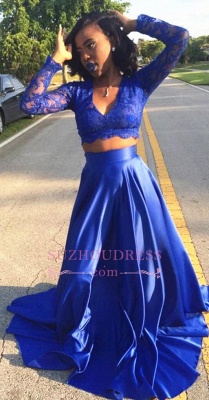 Two Piece Lace Royal Blue Long Sleeve  V-neck Prom Dress BA5258_2