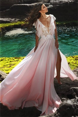 Pink V-Neck Sleeveless Evening Dresses  | Side Slit Chiffon Party Dress_1