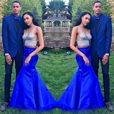 Royal Blue Two Pieces V-Neck Prom Dresses  Mermaid Sleeveless Crystal Evening Dresses_3