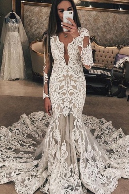 Long Sleeve Unique Lace Wedding Dresses  | Mermaid Lace Long Train Bridal Gown_1